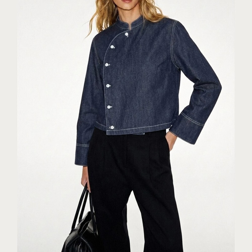 Indigo Denim Stand Collar Asymmetric Button Crop Jacket